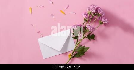 Purple chrysanthemum and petals on pink background Stock Photo