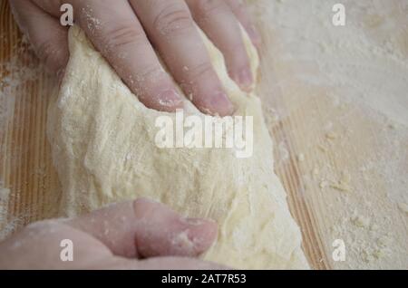 cook kneads pizza dough with his hands Stock Photo