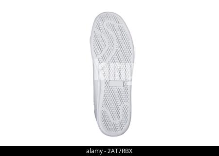 Sole white polyurethane sneaker on a white background.Bottom sports shoes polyester Stock Photo