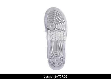 Sole white polyurethane sneaker on a white background.Bottom sports shoes polyester Stock Photo
