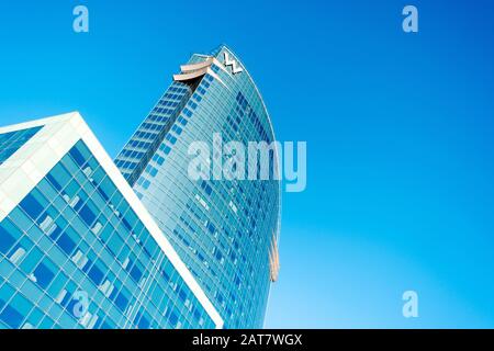 BARCELONA, SPAIN - JANUARY 18, 2020: A view of the W Barcelona Hotel, in Barcelona, Spain, popularly known by locals as Hotel Vela, Sail Hotel in Cata Stock Photo