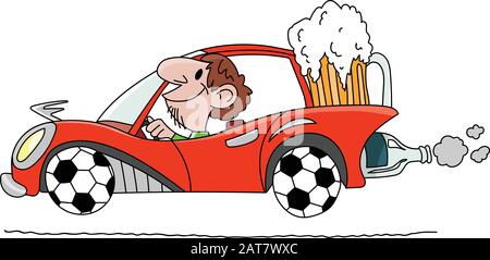 Cartoon man driving a car with wheels made of soccer balls and carrying a big glass of beer behind vector illustration Stock Vector
