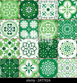 Portuguese or Spanish Azujelo vector seamless green tiles design - Lisbon retro blue pattern, tile big collection Stock Vector