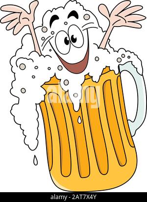 Cartoon man smiling happily inside a glass full of cold and foamy beer vector illustration Stock Vector