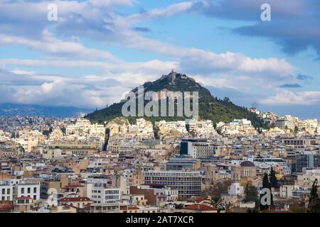 Mount Lycabettus in Athens, Greece. Picturesque skyline view from Areopagus rock Stock Photo