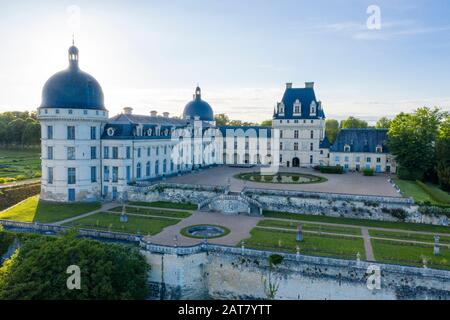 France, Indre, Berry, Valencay, Chateau de Valencay Park and Gardens, castle courtyard and the Jardin de la Duchesse in spring (aerial view) // France Stock Photo