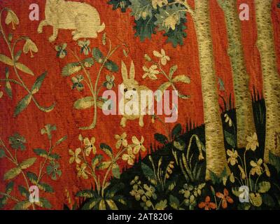 TAPESTRY LADY WITH THE UNICORN " MILLE FLEURS" EVOCATING THE FIVE SENSES AND THE MENTION "A MON SEUL DÉSIR" (TO MY ONLY DESIRE) WOVEN ARROUND 1500 - MUSÉE NATIONAL DU MOYEN AGE THERMES ET HOTEL DE CLUNY - PARIS ART - FRENCH HISTORY - MIDLE AGE PERIOD - PARIS MUSEUM © Frédéric BEAUMONT Stock Photo