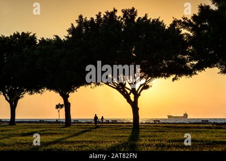 Silhouettes of trees, people and ship against the background of the sea under a bright orange sunset sky in the Iskenderun embankment Stock Photo