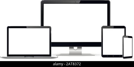 Smartphone, tablet, laptop and desktop computer. Vector illustration of responsive web design. Stock Vector
