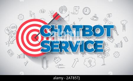 ChatBot Service - Creative Business Concept. Blue Color Creative Text, on Hand Drawn Business Icons Background. Modern Vector Illustration for Artificial Intelligence Learning and Web Services. Stock Vector