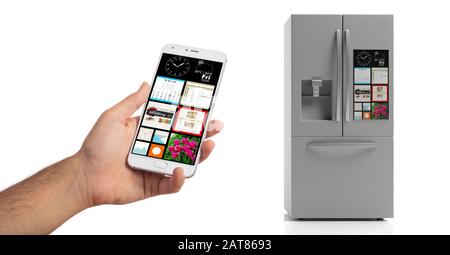 Smart fridge phone app, hand holding mobile phone isolated against white background, applications on the screen. 3d illustration Stock Photo