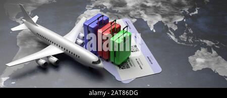Flight international and travel documents, plane tickets for business trip, worlwide tourism. Airplane model and boarding pass on world map background Stock Photo