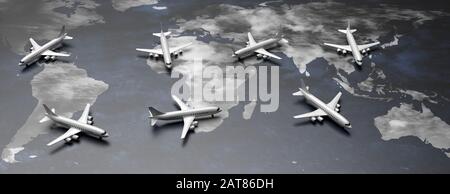 Flight international for business trip, immigration, tourism. Plane model on planet earth map background, banner. 3d illustration Stock Photo