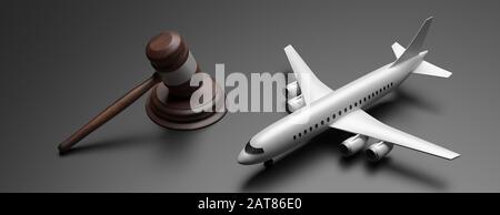 Aviation Law. Blank commercial airplane and judge gavel on gray black background, banner. 3d illustration Stock Photo