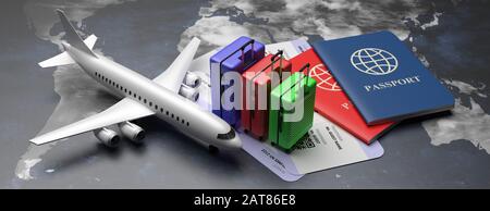Air travel worlwide concept, suitcases and boarding pass. Two passports and plane tickets on earth globe map background, banner. 3d illustration Stock Photo