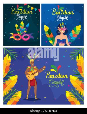 Brazilian carnival poster set. Trendy banner collection with floral ...