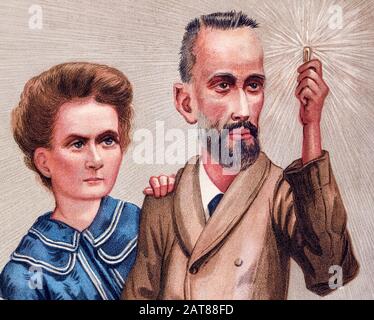 Marie and Pierre Curie isolating Radium Chloride, caricatures by Julius Mendes Price, 1904 Stock Photo