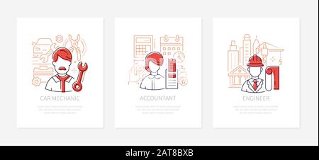 Different professions - line design style banners set Stock Vector
