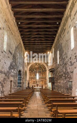 Interior of Basilica of the Holy Trinity of Saccargia, 1116, Romanesque style, near Codrongianos, Logudoro, Sassari province, Sardinia, Italy Stock Photo