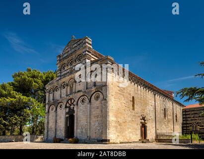San Pietro di Sorres Basilica, Benedictine monastery, 12-13th century, Pisan Romanesque style, in village of Borutta, Sassari, Sardinia, Italy Stock Photo