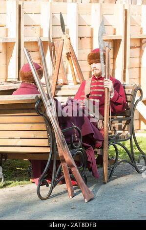 Male actor reenactor in historical military tank uniform as an officer ...