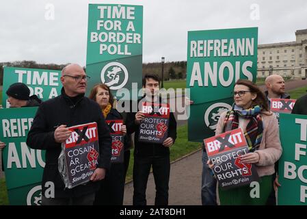 Sinn Fein activists calling for a border poll, stage a demonstration outside Parliament Buildings, Stormont, Belfast, ahead of the UK leaving the European Union at 11pm on Friday. Stock Photo