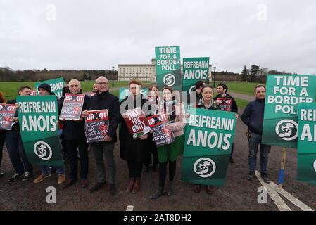 Sinn Fein activists calling for a border poll, stage a demonstration outside Parliament Buildings, Stormont, Belfast, ahead of the UK leaving the European Union at 11pm on Friday. Stock Photo