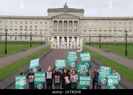 Sinn Fein activists calling for a border poll, stage a demonstration outside Parliament Buildings, Stormont, Belfast, ahead of the UK leaving the European Union at 11pm on Friday. Stock Photo