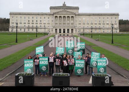 Sinn Fein activists calling for a border poll, stage a demonstration outside Parliament Buildings, Stormont, Belfast, ahead of the UK leaving the European Union at 11pm on Friday. Stock Photo