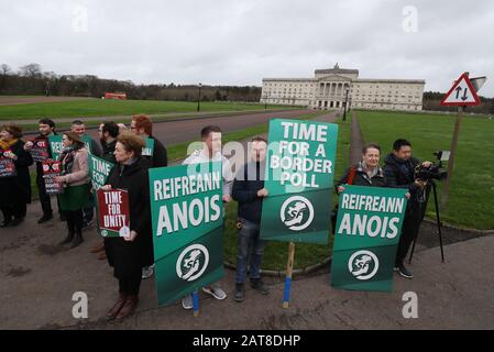 Sinn Fein activists calling for a border poll, stage a demonstration outside Parliament Buildings, Stormont, Belfast, ahead of the UK leaving the European Union at 11pm on Friday. Stock Photo