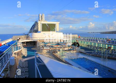 LAHAINA, MAUI, HAWAII - SEPTEMBER 18 : Top deck of Princes Cruises ship on September 18, 2012 in Lahaina, Hawaii, USA. Dawn Princess has a capacity of Stock Photo