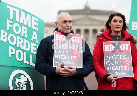 Sinn Fein activists calling for a border poll, stage a demonstration outside Parliament Buildings, Stormont, Belfast, ahead of the UK leaving the European Union at 11pm on Friday. Stock Photo