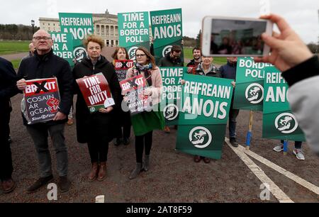 Sinn Fein activists calling for a border poll, stage a demonstration outside Parliament Buildings, Stormont, Belfast, ahead of the UK leaving the European Union at 11pm on Friday. Stock Photo