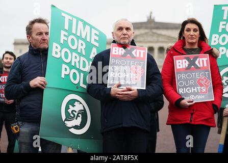 Sinn Fein activists calling for a border poll, stage a demonstration outside Parliament Buildings, Stormont, Belfast, ahead of the UK leaving the European Union at 11pm on Friday. Stock Photo