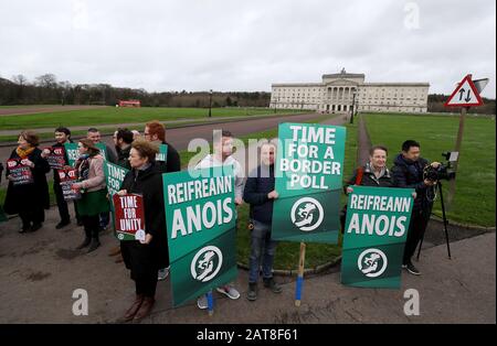 Sinn Fein activists calling for a border poll, stage a demonstration outside Parliament Buildings, Stormont, Belfast, ahead of the UK leaving the European Union at 11pm on Friday. Stock Photo