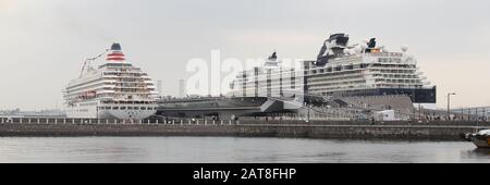 Cruise ships Celebrity Millennium and Asuka II at the Osanbashi Pier in Yokohama, Japan Stock Photo
