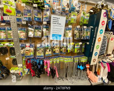 Orlando, FL/USA-1/29/20: A display of various brands of pet Training and Behavior Solutions such as: muzzles and leashes for sale at a Petsmart Supers Stock Photo