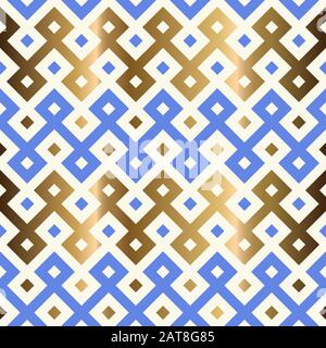 Decorative geometrical seamless pattern.  Traditional oriental golden and blue background. Vector illustration. Stock Vector