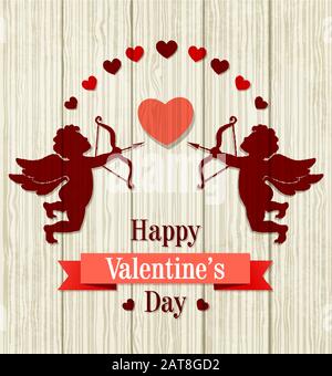 Romantic Valentine greeting card with silhouette of cupids and hearts on a wooden background. Vector illustration. Stock Vector