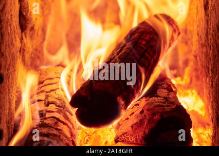 Firewood Burning in Chimney, Closeup Stock Photo