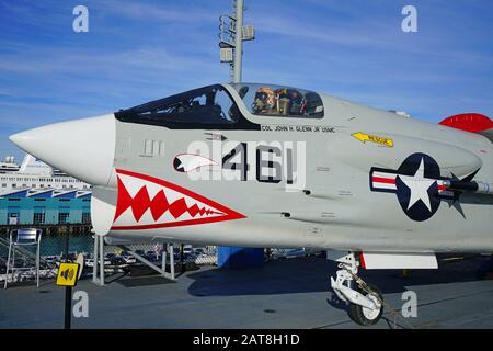 SAN DIEGO, CA -3 JAN 2020- View of an F-8 Crusader fighter Navy military airplane on the deck of the USS Midway, a historic naval aircraft carrier mus Stock Photo