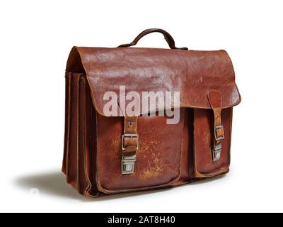 Very old and scratched leather business case isolated on white Stock Photo