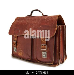 Very old and scratched leather business case isolated on white Stock Photo