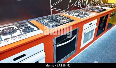 Modern gas stoves on display in the store Stock Photo