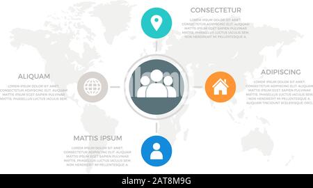 Set of turquoise, blue, gray and orange elements for infographic with world map presentation slides. Stock Vector