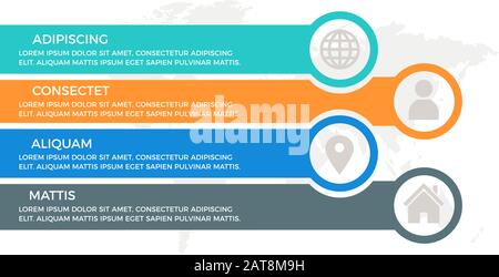 Set of blue, gray, orange and turquoise elements for infographic with world map presentation slides. Stock Vector
