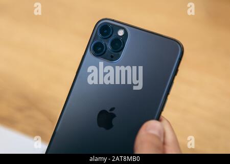 Turkey, Istanbul, December 17, 2019: Close-up rear view of the three cameras of the modern new iPhone 11 pro max. Stock Photo