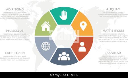 Set of green, orange, red, gray and turquoise elements for infographic with world map presentation slides. Stock Vector