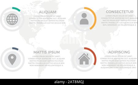Set of turquoise, orange, blue and red elements for infographic with world map presentation slides Stock Vector