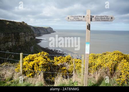 A trail sign between Whitby and Robin Hood's Bay along the Cleveland Way, a hiking path in North York Moors National Park, Yorkshire, England, U.K. Stock Photo